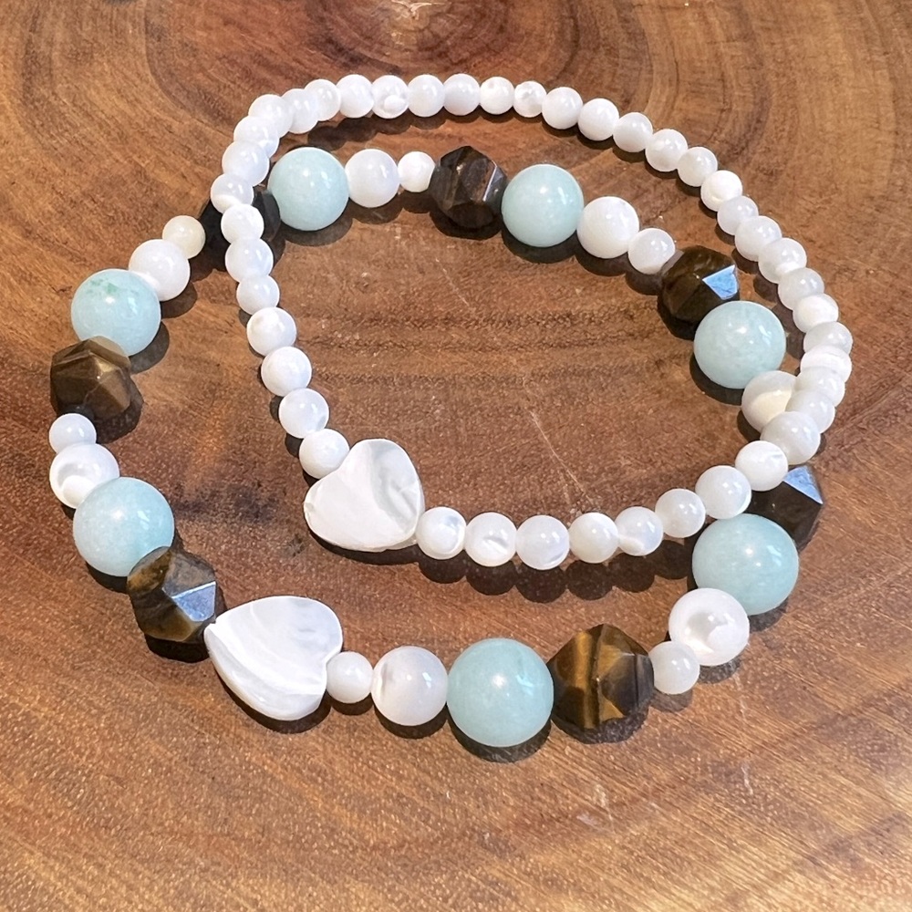 Gemstone & Shell Bracelet Set✨ Tigereye Mother of Pearl, Amazon Jade & Shell